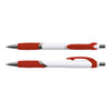 A red and white pen with a smooth barrel and grip, featuring a chrome clip and tip. Branding visible.