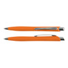 An orange plastic pen with a sleek design and silver accents, featuring a clip for easy attachment.