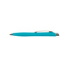 A turquoise plastic pen with a silver clip and a smooth design. It has a logo on the side.