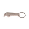 A drink bottle opener keytag in metallic silver, featuring a keyring and a logo.