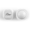 A square, white lip balm container with a rounded top and a logo on the lid. The balm appears smooth and white inside.
