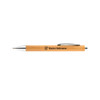 A bamboo pen with a silver clip and tip, featuring a logo or branding on the barrel.