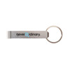 A drink bottle opener keytag in metallic silver with a circular keyring and a logo.