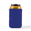 A drink bottle holder in navy blue, designed to fit a standard beverage can, featuring a logo.