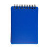 A blue, spiral-bound pocket notebook with a smooth cover and blank pages.