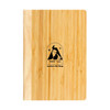 A bamboo notebook featuring a wooden cover and a logo on the front. It's sleek and eco-friendly in design.