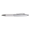 A metal pen with a sleek silver design and a textured grip featuring small holes.