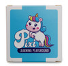 A box featuring a cartoon unicorn with a colourful mane, labelled "Pixi Learning Playground." 