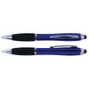 A blue pen and stylus with a black grip and silver accents. The stylus tip is on one end.