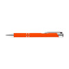 An orange metal pen with a chrome clip and two silver bands. It features a sleek design and branding.