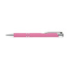 A pink metal pen with a shiny silver clip and accents, featuring a branding logo.