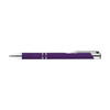 A purple metal pen with silver accents and a clip, featuring decorative stripes on the barrel.