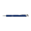 A blue metal pen with a chrome clip and accents, featuring a sleek, elegant design.