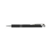 A sleek black metal pen with silver accents, featuring a convenient clip and minimalist design.