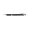 A metal pen in dark grey with silver accents and a clip, featuring a sleek, streamlined design.