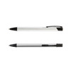 A metal pen in black and silver, featuring a sleek design and a clip for attachment. It has a logo.