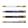 A collection of metal pens in white, blue, black, and silver, each featuring gold trim and a logo.