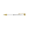 A white metal pen with gold accents and a branding logo.