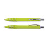 A green plastic pen with silver accents and grip. It features a clip and has a sleek design.