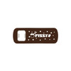 A drink bottle opener featuring a brown design with white text and a logo, designed for easy bottle opening.