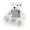 A plush teddy bear named Frosty, featuring a soft white exterior and a grey shirt.