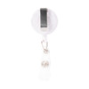 A retractable name badge holder with a clip on the back and a clear plastic strap for attaching badges.