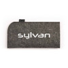A grey felt sunglasses case with a rounded edge and a brand logo displayed prominently.