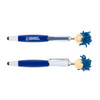 A blue stylus pen with a smiling, blue-haired character topper and a silver clip. It features a brand logo.