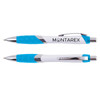 A plastic pen in white and blue with a chrome accent and a branded logo.
