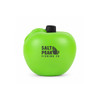 A bright green apple-shaped stress reliever with a black stem and a logo on the front.