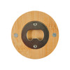 A circular bamboo bottle opener coaster with a silver metal opener in the centre and two screws.