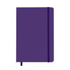 A purple A5 notebook with a ribbon bookmark and an elastic band closure. It features a logo on the cover.