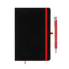 A black notebook with a red elastic band and a matching red pen alongside it. The notebook has a logo.