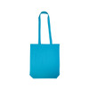 A bright turquoise colored cotton long handle bag with sturdy shoulder straps.
