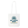 A white long-handled cotton bag with a logo featuring palm trees and text in blue and yellow.