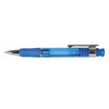 A blue plastic pen with a chrome clip and a transparent barrel. It has a logo on the side.