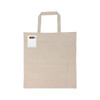 A beige calico bag with short handles and a small label, featuring assorted crayons beside it.
