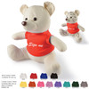 A cream-colored plush bear wearing a red T-shirt, surrounded by multiple bear figures and T-shirt color options.