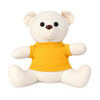 A plush toy bear with a cream-coloured body and a yellow t-shirt, featuring large black eyes and a round face.