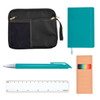 A zippered pencil case, a teal notebook, a teal pen, a pack of multicolored sticky notes, and a clear ruler.