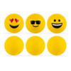A set of six yellow stress balls featuring various emoji faces, including hearts, sunglasses, and smiling expressions.