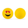 A pair of yellow emoji stress balls with a smiling face and heart eyes design.