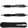 A metal pen set featuring a sleek black design with silver accents, presented in a black pouch.