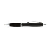 A black metal pen with silver accents and a clip, featuring a sleek design and a logo.