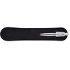 A silver metal pen rests on a black velvet surface, showcasing its sleek design. The image includes a logo.