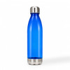 A drink bottle with a blue body and a silver stainless steel cap, featuring a sleek design and branding.