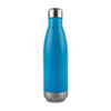 A drink bottle in a vibrant blue colour with a stainless steel base and a screw-on lid. It features a logo.