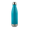 A drink bottle in a vibrant turquoise colour with a stainless steel base and a screw-top lid. It features a logo.