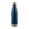 A drink bottle in navy blue with a stainless steel base and a silver-coloured lid. Features a logo.