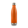 A drink bottle in vibrant orange with a stainless steel base and a sleek design. Features a logo on the surface.